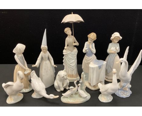 lladro &amp; Nao figures, Parasol Girl, Girl with Dog, Geese, Polar Bear Wizard etc (11) 