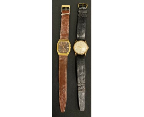 A Record 9ct gold cased vintage wristwatch, 15 jewel manual wnd movement, black leather strap;  Accurist Quartz (2) 
