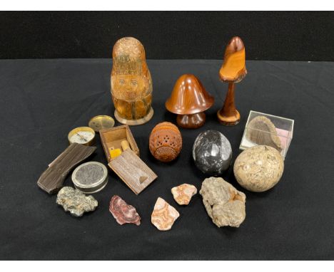 Boxes and objects - A 19th century egg shaped coquilla nut snuff box; specimen stones including rosewood marble, others; tree