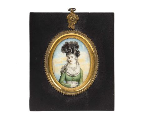 English school (19th century)An oval miniature portrait of a lady, in green dress and black plumed head attire, watercolour o