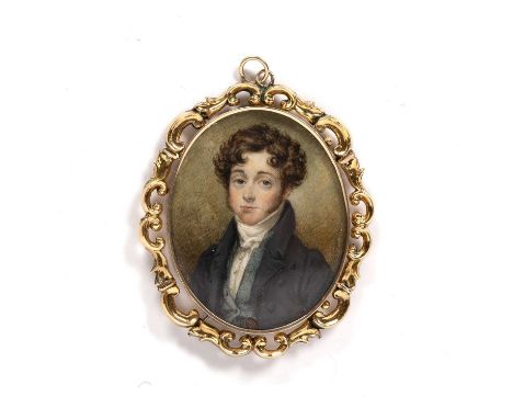 English school (mid 19th century)An oval miniature portrait of a young man, in grey topcoat and white stock, watercolour on i