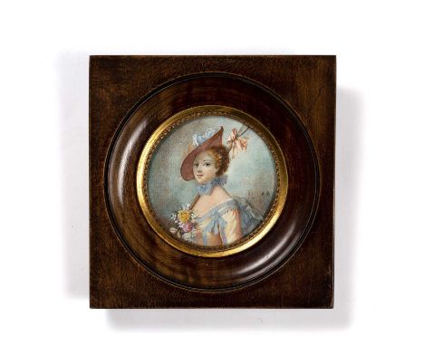 Continental school (early 20th century)A miniature portrait of a girl, with ribboned bonnet and carrying a hoe and posy of fl