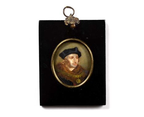 After Hans HolbeinAn oval miniature portrait of Sir Thomas More, with brown fur stole and gold medallion, watercolour on ivor