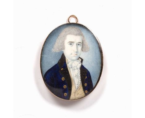 English school (18th century)An oval miniature portrait of a gentleman, with coiffed grey wig, blue top coat and white stock,