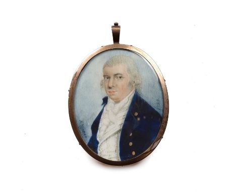 A Nunes (fl. late 18th century)An oval miniature portrait of a gentleman, with blue velvet topcoat, signed and dated 1799, wa