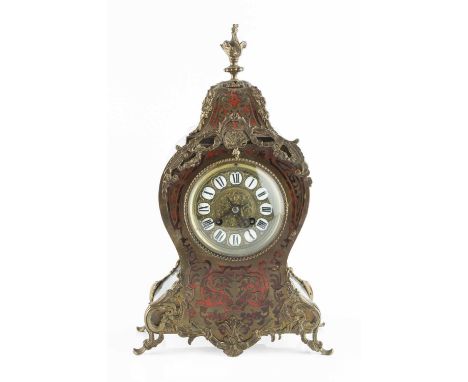 A 19th century French Boulle mantel clock, the pressed brass dial with enamel roman chapters, Japy drum movement with bell st