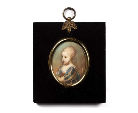 After Sir Anthony Van DyckA miniature oval portrait of the young Duke of York, in blue striped gown, watercolour on ivory, 64