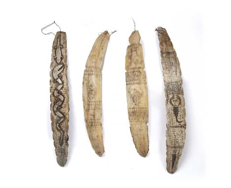Tribal interest, four 19th century to 20th century Indonesian tribal bone calendars, Sumatra, Batak, carved from a water buff