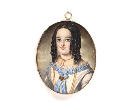 Continental school (late 19th century)An oval miniature portrait of a young woman, with black curled hair, blue ribbon tie an