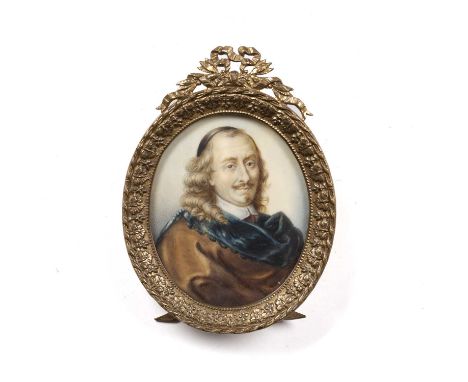 Rouvier (French, 18th century)An oval miniature portrait of Pierre Corneille, the 17th century French Dramatist, signed, wate