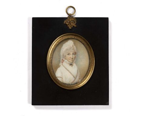 English school (19th century)An oval miniature portrait of a lady, in lace trimmed white bonnet and dress, watercolour on ivo