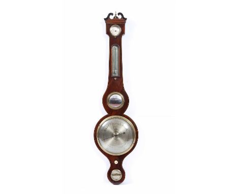 A 19th century mahogany banjo barometer with hygrometer, mercury filled thermometer, convex mirror disc, engraved and silvere