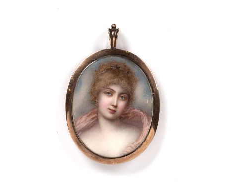 19th century English schoolAn oval miniature portrait of a young girl, with pink stole, curled hair and blue eyes, watercolou