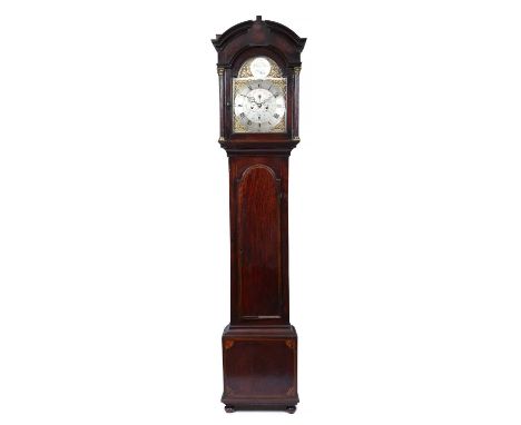 A George III Scottish mahogany eight day longcase clock, the 12" silvered break arch dial with roman chapter ring, arabic fiv