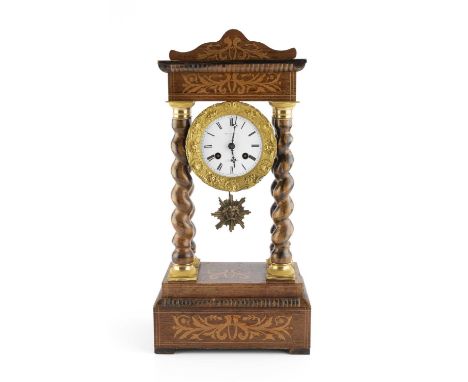 A 19th century French rosewood portico mantel clock with white enamel roman dial, Marti, drum movement, count wheel bell stri