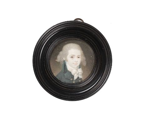 Continental school (19th century)A miniature portrait of a young man, with white stock and green topcoat, signed Vita Grego P