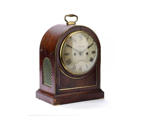 A Regency rosewood bracket clock with circular white dial signed Perigal, with brass beading and grill sides, carrying handle