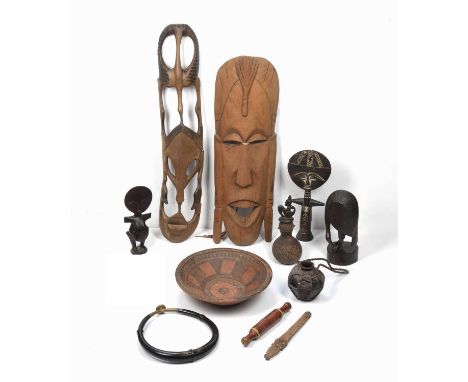 A quantity of tribal related items, including two Ashanti fertility dolls, a terracotta bowl and a gourd container etc. (qty)