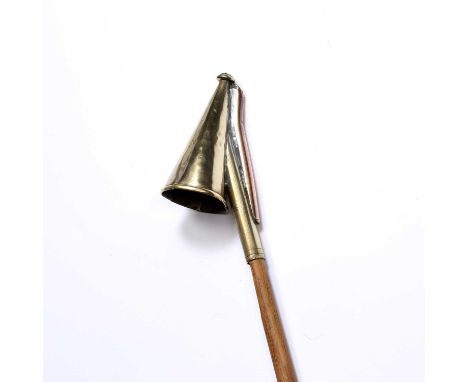 A Victorian brass candle snuffer and lighter, with copper taper holder, on long pole handle, 96cm long overall.