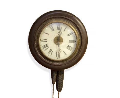 A 19th century black forest postman alarm wall clock, with roman dial, fir cone weights and pendulum, 30cm diameter 