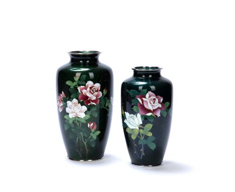 Two Oriental enamel floral urn shape vases, dark green ground and roses to front, 24.5cm highest (2)