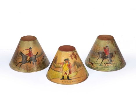Three 19th century painted candle light shades, by Agnes Strickland, two with hunting scenes, 10cm high (3)