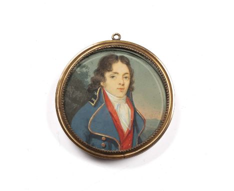 English school (19th century)A miniature portrait of a young officer, with blue topcoat and red waistcoat, gouache on ivory, 