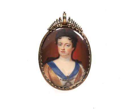 Continental school (early 19th century)An oval miniature portrait of a noble woman, wearing a medallion with blue sash, and e