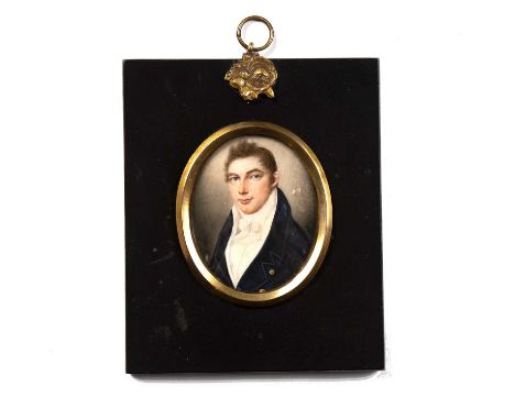 English school (19th century)An oval miniature portrait of a young man, with navy blue topcoat and white stock, watercolour o