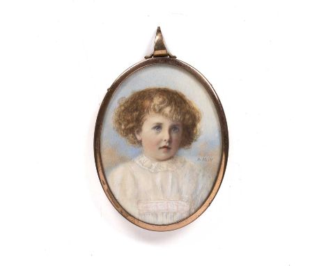 Miss Amy M. West (fl. 1907-1911) Exhibited at the R.A. 1907/1911An oval miniature portrait of a young child, in white lace tr