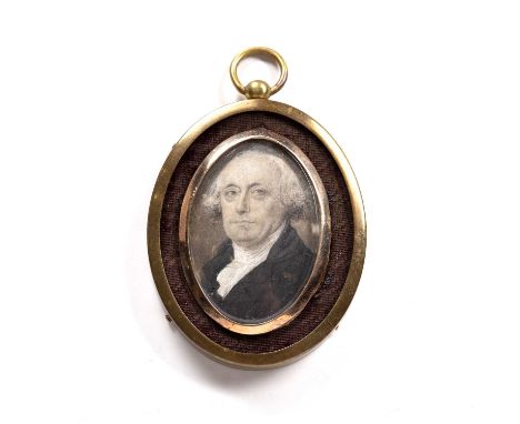 English school (late 18th/early 19th century)An oval miniature portrait of a gentleman, in black topcoat, en grisaille waterc