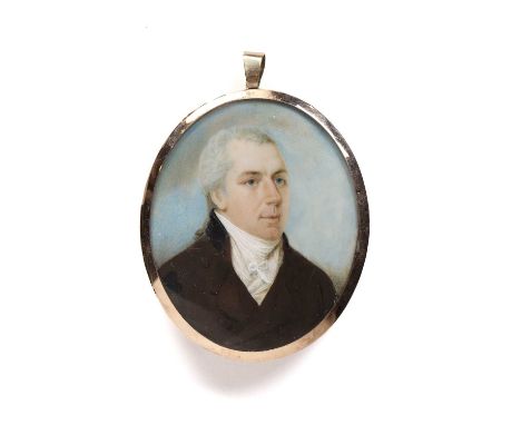 English school (18th century)An oval miniature portrait of a gentleman, with black topcoat and white stock, watercolour on iv