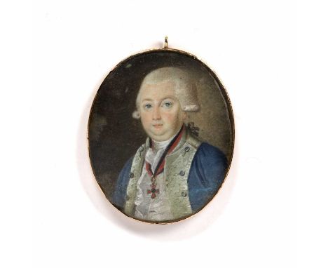 English school (18th century)An oval miniature portrait of a gentleman, in blue topcoat and wearing a cross and coloured ribb