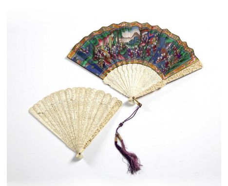 A 19th century Cantonese fan with carved ivory sticks, the paper guard painted with a multitude of figures in colours, 35cm e