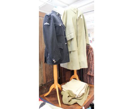 A Regulation Army Officers overcoat, olive green wool, circa WWII, a 1952 pattern Machintosh overcoat sage colour and dress j