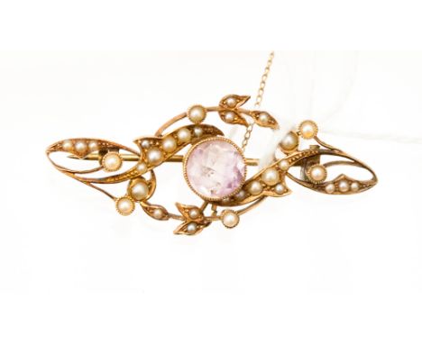 An Edwardian amethyst and seed pearl set, 9ct gold brooch garland style design complete with safety chain, 43 mm long, approx