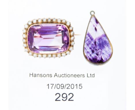A Victorian amethyst and seed pearl brooch centre amethyst approximately 20 mm x 14 mm, yellow gold mount, together a pear sh
