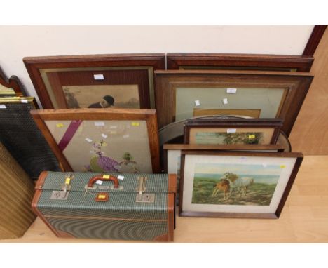After A Elsley, two coloured prints of dogs and children in a hinged oak frame, an oval wall mirror, assorted prints and an o