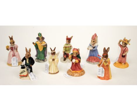 Royal Doulton Bunnykins: Mystic, Juliet, Romeo, Sightseer, Sundial, Angel, Fortune Teller, Magician and Cinderella, all boxed