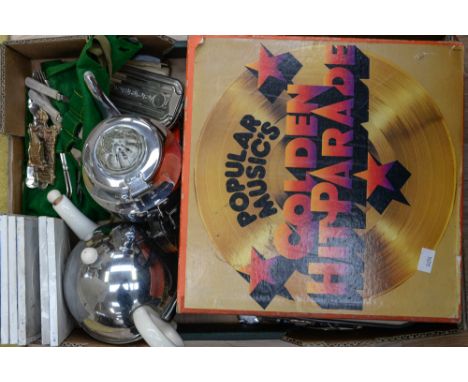 A collection of assorted items comprising teapot, coffee pot, ceramic tiles, cigarette lighters, flatware, typewriter, etc.