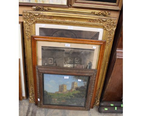 Of hunting interest, a polychrome print, together with a Victorian print titled The Rubber, and a hand tinted gilt framed pri