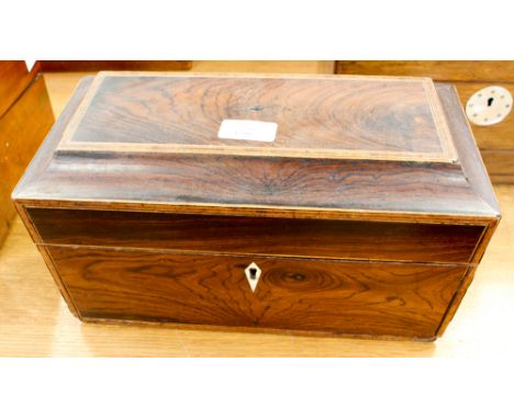 A Georgian tea caddy, Prince of Wales feathers painted to inside of lid, rosewood with inlaid borders, missing handle to lid.