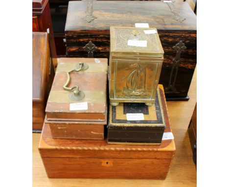 A Victorian jewel casket, two metal tins and a tea caddy (4)