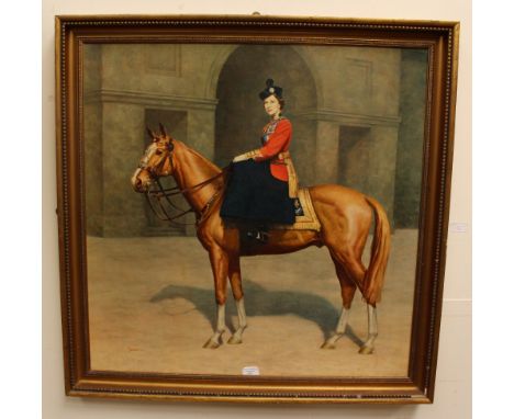 Leonard Bowen signed print, depicting Her Majesty The Queen riding side saddle, signed to lower left, height 81 cm x width 81