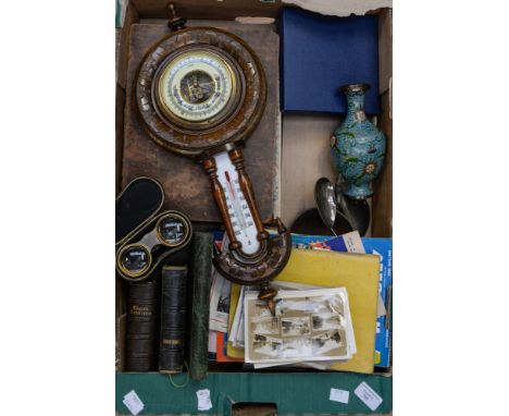 A collection of items comprising barometer and thermometer, Regency Bible, dated 1817, postcards, opera glasses, etc.