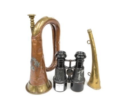 A Hawkes & Son 1914 WW1 bugle, with a pair of Luhiere war office binoculars and a Lancashire Yorkshire Railway Linesmans horn