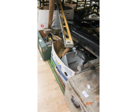 Three boxes of various tools including Stanley planes, drill caps, wooden tool box and contents and loose tools