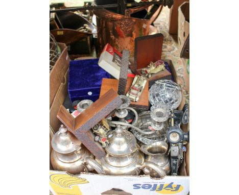 Two boxes of assorted silver plated ware, comprising serving trays, tea service, candelabra, boxed goblets, baskets, etc, tog