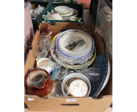  An assorted box of ceramics and glassware including Poole and Abbeydale, a salt glazed stoneware flagon etc