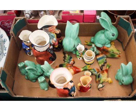 A box of assorted china, including Sylvac rabbits in green enamel, together with character jugs and a miniature Royal Doulton